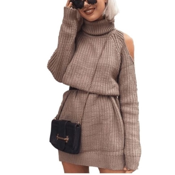 Sweaters - Cold Shoulder Turtle Neck Khaki Knit Sweater OS